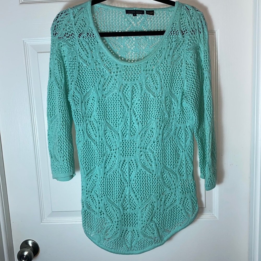 JEANNE PIERRE Crocheted 100% Cotton Sweater Top Mint Green Size Large